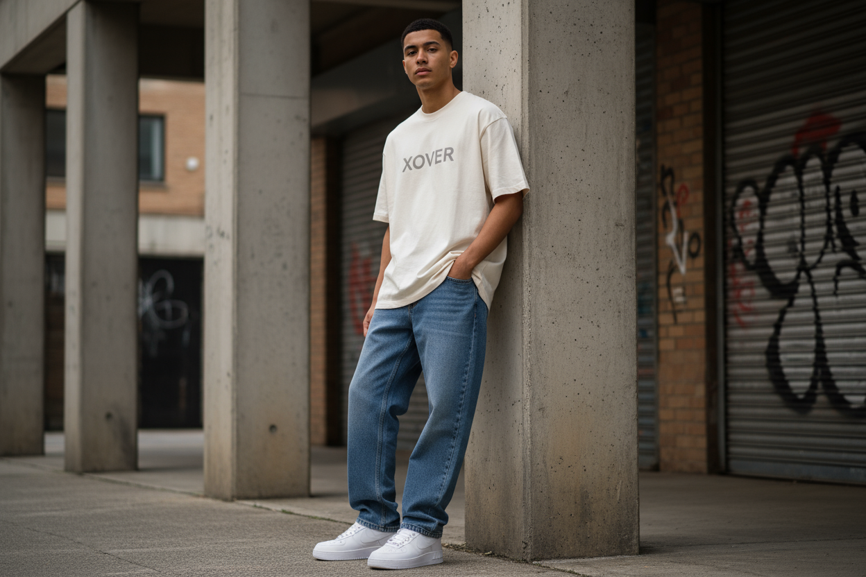 create a streetwear vibe with someone that has on a xover tee with baggy jeans and some nike shoes. the xover tee is similar to essentials. real streetwear